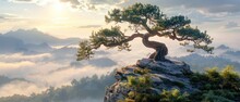 A Bonsai Tree On Top Of A Cliff In The Middle Of A Foggy Valley With Mountains In The Background.
