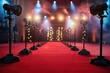 A red carpeted area illuminated by spotlights, with microphones set up for interviews and media coverage, Movie premiere celebration with red carpet and flashing camera lights, AI Generated
