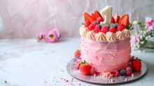 Biscuit Cake With Fresh Strawberry Glaze. One Year Birthday.