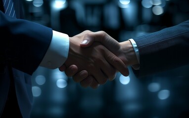 A close-up view of two individuals engaging in a handshake, symbolizing mutual agreement or greeting