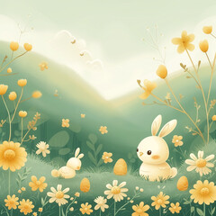 Wall Mural - Easter card concept. Hares walk among the hills on a yellow background. Square frame.