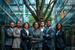 © Fxquadro - A stylish group of people in formal wear, smiling and posing together in front of a building and a tree, exuding confidence and unity