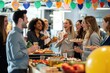 © Iftikhar alam - A diverse group of individuals standing around a table, enjoying a meal together with various appetizing dishes, Office colleagues throwing a surprise farewell party for a friend, AI Generated