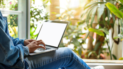 Wall Mural - person using a laptop with a blank screen, sitting in a balcony environment surrounded by green plants.