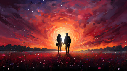 Wall Mural - silhouetted young couple watching sunset in the field