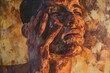 In this painting, a man is depicted holding his head in his hands, portraying a sense of frustration or despair, Artistic representation of skin burn healing process, AI Generated