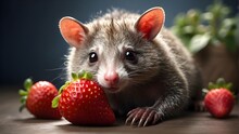 A Small Mouse Eating Strawberry, The Virginia Opossum, A Happy Possum In A Studio Portrait By Didelphis Virginian Exotic Wild Animal