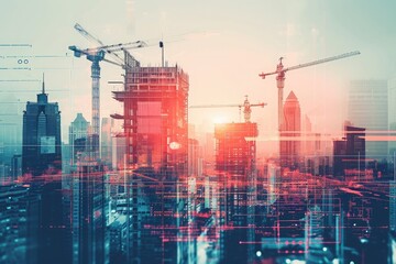 Wall Mural - A photo featuring a city skyline with towering cranes and various buildings in the background, Overlay of a future cityscape construction project with relevant engineering plans, AI Generated