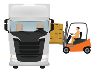 Forklift loading container to delivery truck. vector illustration