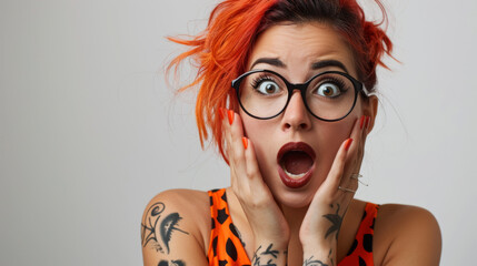 Sticker - woman with bright orange hair and black-rimmed glasses, showing a surprised expression with her hands on her cheeks and mouth open.