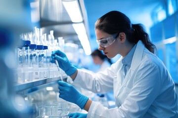 Poster - A scientist wearing a white lab coat and goggles, busy at work in a laboratory setting, Pharmaceutical researchers with biotech medicine, AI Generated