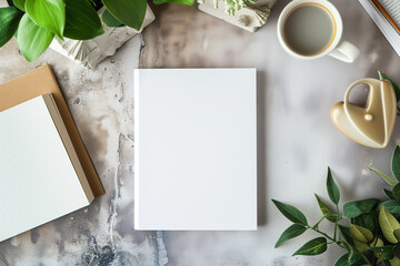 mockup of a blank cover white magazine with a white work desk background