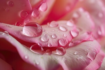 Wall Mural - A detailed photograph capturing a close-up view of a pink rose with glistening water droplets, Raindrop on a rose petal, AI Generated