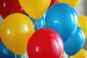 A vibrant assortment of balloons floating high in the air against a clear blue sky, Red, yellow, and blue balloons at a children's birthday party, AI Generated