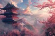This photo captures a detailed painting of a pagoda standing amidst a lush green landscape adorned with trees, Cherry blossom trees blooming around an ancient temple, AI Generated