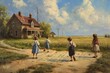 This painting depicts a lively scene of children engaged in a game, showcasing their energetic and playful interactions, Children playing hopscotch in a rural setting, AI Generated