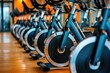 A line of stationary bikes neatly arranged in a well-lit fitness gym, ready for a challenging workout session, Row of spin bikes in a gym, AI Generated