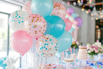 A table covered with numerous vibrant balloons and a delicious cake for a festive celebration, Round balloons with printed designs at a themed birthday party, AI Generated