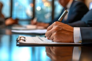 A detailed view of a persons hand as they write on a piece of paper using a pen, Close-up of a businessman's hand holding a pen during a meeting, AI Generated