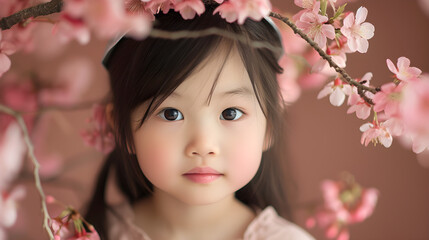 Wall Mural - springtime studio portrait of young Asian girl with flowers