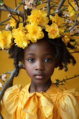 Wall Mural - springtime studio portrait of young black girl with flowers