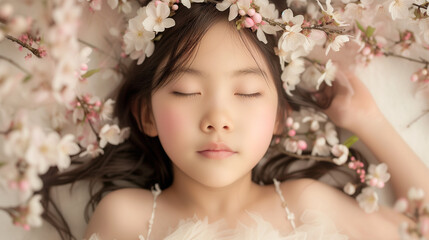 Wall Mural - springtime studio portrait of young Asian girl with flowers