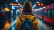 A lone figure braves the winter night, standing in the rain on a deserted city street, bundled in a jacket, waiting for the next train