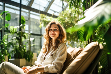 Portrait of woman employee enjoys relaxation in break area with greenery of modern office. Importance of healthy balance and mental wellbeing in environment for work. Concept corporate sustainability