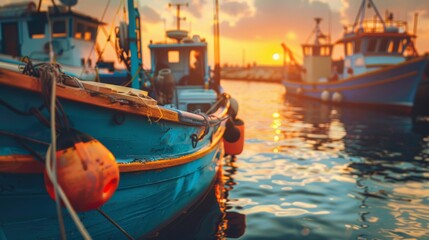 Wall Mural - a part of fishing boat in a harbor at sunset warm color shadow