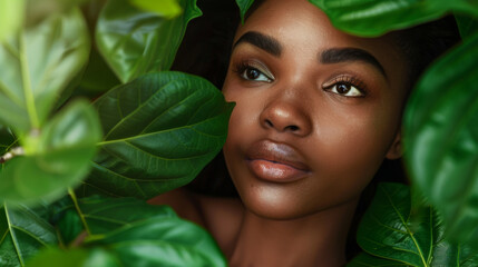 Canvas Print - young woman with a natural makeup look, partially obscured by lush green leaves