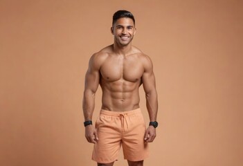 Poster - A shirtless man with a confident stance displays his muscular physique, wearing beige shorts against a warm background.