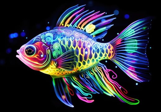 Blue and violet exotic fish. Tropical fish swimming in ocean. Figurine made of glass material. Digital art. Illustration for poster, cover, card or presentation.