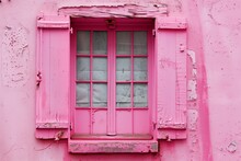Old Pink Window With Pink Shutters On A Pink Wall