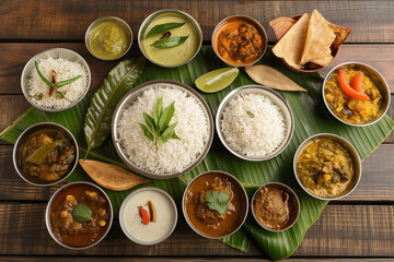 Indian meals for lunch rice with vegetables and curry served in banan leaf