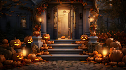 Wall Mural - halloween front yard scene with jack o lanterns and pumpkin decorations