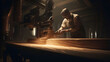 A milling machine whirs to life as it skillfully carves into a wooden plank, while in the background, a shadowy figure stealthily attempts to steal the processed wood.