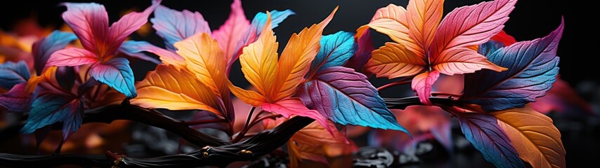 Wall Mural - Background with multi-colored leaves on a black background.