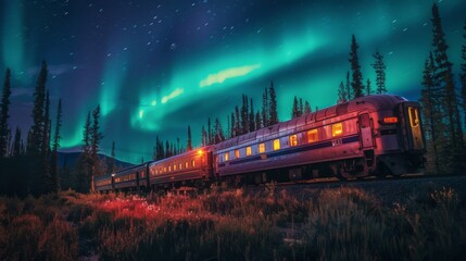 Aufkleber - A night train rolls along the railway track, its locomotive glowing under the green lights in the sky, as it travels through the outdoor landscape