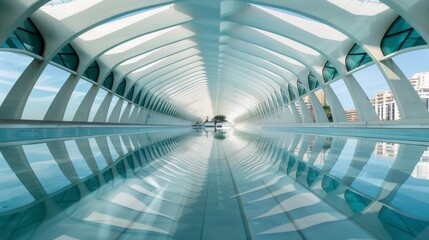 Poster - A serene pool with a striking white roof, reflecting the beauty of symmetry and basking in natural daylight, creating a harmonious balance within the modern building