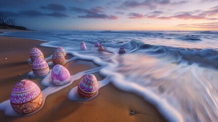 at the break of dawn, a secluded beach becomes a canvas for a splendid display. easter eggs, each a 