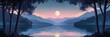 Serene lakeside landscape with full moon in flat design