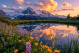 Fototapeta Natura - Majesty of sunset with blooming wildflowers near a mountain lake