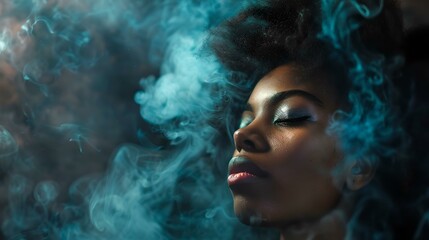  Mysterious woman enveloped in blue smoke, artistic portrait with ethereal vibes. creative expression in photography. AI