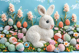 Fototapeta Tęcza - Knitted Easter bunny with eggs and flowers. DIY holiday gift concept.