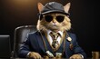 Cool rich gangster boss cat hipster with sunglasses, hat, headphones, gold chain and money dollars. Business, finance, creative idea. Crypto investor cat is holding a lot of money. Winning, concept	