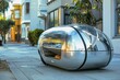 A sleek and innovative autonomous car is parked curbside, showcasing the future of transportation technology. Robot delivering food orders.