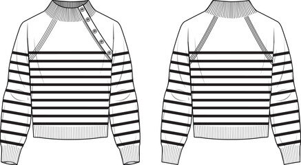 Wall Mural - Women's Button Detail Striped Jumper. Technical fashion illustration. Front and back, white colour. Women's CAD mock-up.