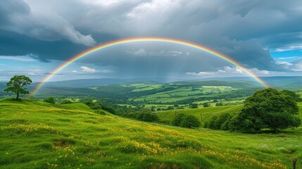  Bright rainbow over green hills