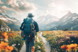A male person with backpack is hiking in the mountains to relax during a sabbatical. Green fields and flowers make up a scenic landscape.
