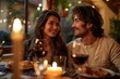© Pinklife - A romantic evening captured in one frame - a smiling man and woman, dressed elegantly, sit at a candle-lit table adorned with tableware and wine glasses, enjoying each other's company over a deliciou